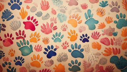 A fun abstract background featuring patterns of animal footprints (e.g., birds, dogs, cats) in bright colors on a neutral pastel background.
