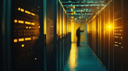 Poster - Technician working in a server room with glowing racks