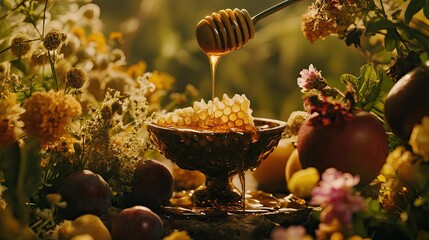Poster - Golden Honey Drizzling Over Honeycomb Nestled Amongst Flowers