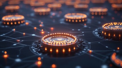Poster - Networked Circular Nodes Glowing Orange In The Dark