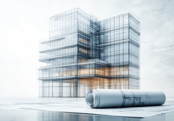 Aufkleber - Modern Architectural Blueprint and Transparent Structure Concept Illustrating Innovative Design and Urban Development for Future Spaces