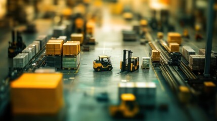 Poster - Miniature Warehouse Scene Depicting Forklifts and Cargo