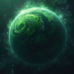 green planet with swirled surface in outer space