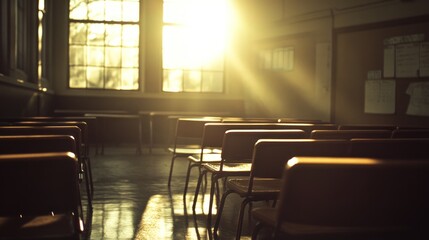 Poster - Sunlit Classroom Empty Chairs Waiting For Students