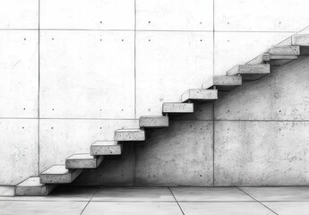 Poster - Minimalist Concrete Stairs Against a Plain Wall Background Showcasing Modern Architectural Design and Aesthetic Appeal in Monochrome Grayscale Tones