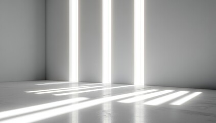 Poster - Minimalist Interior Space with Bright Vertical Light Stripes Casting Shadows on a Clean White Floor, Perfect for Modern Design Themes and Creative Projects