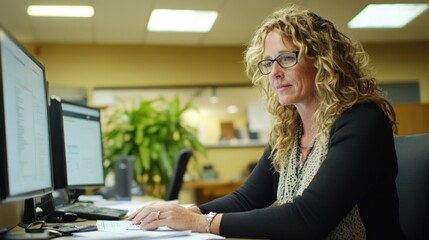 Poster - Woman works at computer in modern office setting