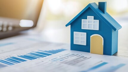 Poster - Blue House Model Rests on Financial Documents