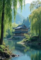 Wall Mural - Pagoda by lake with willow trees