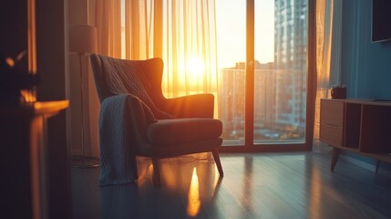 Poster - Sunset Illuminates Cozy Armchair In Modern Apartment