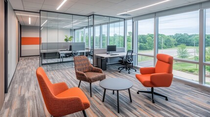 Aufkleber - Modern Office Workspace with Orange Chairs and Glass Walls