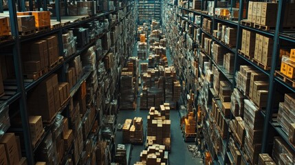 Poster - Cardboard Boxes Stacked High In A Large Warehouse