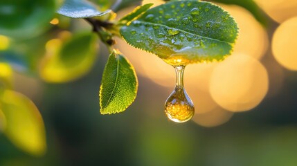 Wall Mural - Golden droplet hangs from a dewy leaf