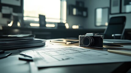 Poster - Camera rests on architectural blueprints in a modern office
