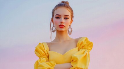 Poster - Young Woman Poses in Yellow Dress Against Pastel Sky