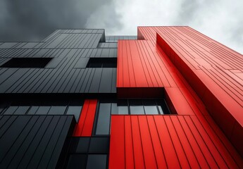 Poster - Modern Abstract Architecture Featuring Black and Red Panels with Dramatic Cloudy Sky Background for Urban Design Visuals and Contemporary Art Projects