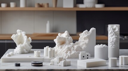 Poster - White three dimensional printed objects arranged on marble