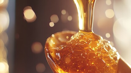 Poster - Golden Honey Pouring Onto Spoon  Close Up