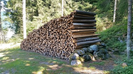 Poster - Large Stack Of Firewood In A Forest Setting