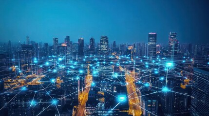 Poster - Night Cityscape Illuminated with Network Connections