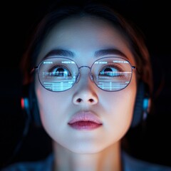 Poster - High-Tech Focus with Korean IT Manager Sleek Digital Dashboard Workflow in Modern Office - Empowering Women in Tech Leadership and Business Innovation