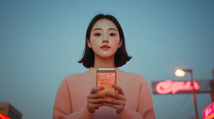 Aufkleber - Neon Urban Navigation Korean Young Woman with Smartphone Displaying Digital Map in Seoul Street - Modern Lifestyle and Location-Based Marketing Innovation