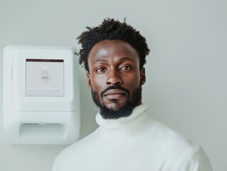 Fototapete - Connected Living Aesthetic African Male in Minimalist Sweater with Smart Coffee Maker and Wall-Mounted Screen - Enhancing Productivity in Modern Workspaces and Tech-Integrated Routines