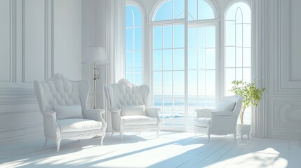 Wall Mural - Serene Coastal Living Room: White Elegance by the Sea