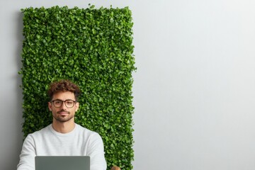Poster - Biophilic Office Design Cozy Workspace with Green Wall and Natural Light - Enhancing Productivity and Well-being in Modern Corporate Environments for South Asian Professionals