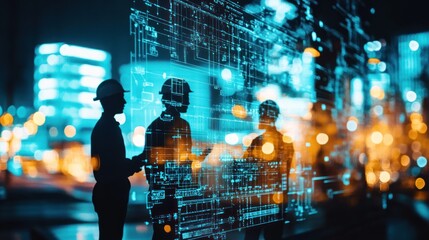 Poster - Engineers reviewing digital blueprints at night