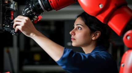 Aufkleber - Contemporary Robotics Lab Indian Female Engineer in Blue Shirt Adjusts Advanced Machinery - Modern Tech Innovation for Industrial Automation and Digital Transformation