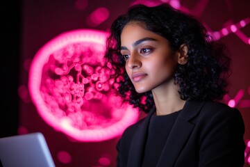 Poster - Futuristic Tech Workspace Young Indian Woman Engaging with AI Graphics in Modern Digital Conference - Empowering STEM Content and Innovative Marketing Strategies