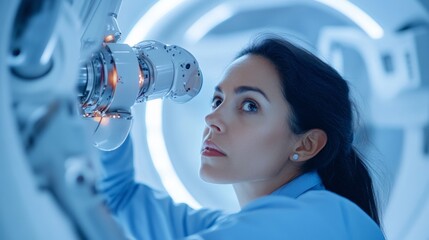Fototapete - Futuristic Tech Lab Insight Indian Female Engineer in Her 40s Adjusting Robotic Arm in Ultramodern Workspace - Innovation in Robotics for Enhanced Industrial Automation