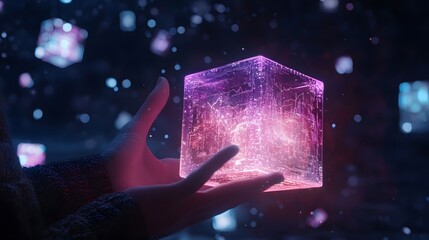 Poster - Digital Hand Holding Glowing Cube with Data Visualization Elements