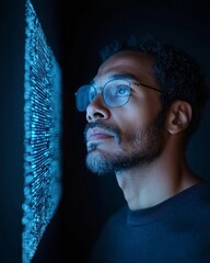 Poster - Futuristic Data Visualization Slim Indian Developer with Cyber Holographic Interface - AI-Driven Tech Insights and Business Intelligence in Digital Innovation