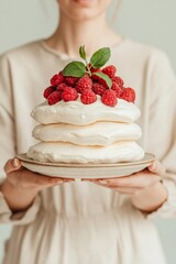 Canvas Print - Contemporary Food Minimalist Spring Berry Pavlova in Natural Light Studio - Aesthetic Dessert Styling for Gourmet Advertising and Organic Cuisine Branding