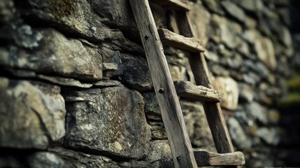 Poster - Weathered Wooden Ladder Against Stone Wall