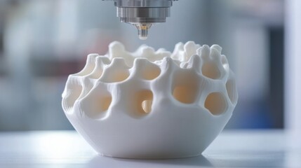 Poster - 3D printer creating intricate white coral-like structure in modern workshop setting