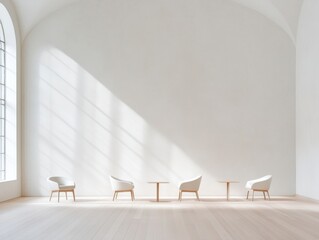 Poster - Scandinavian Urban Minimalism Light Wood and White Walls in Open Library Design - Sustainable City Interiors for Modern Education and Architectural Elegance
