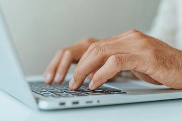 Aufkleber - Cyber-Optimized Workspace Korean Professionals Hands Typing on Sleek Laptop with Graph-Rich E-Procurement Portal Enhancing Business Efficiency and Digital Procurement Systems