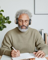 Poster - Contemporary Remote Learning Indian Man, 35, in Cozy Knitwear Taking Notes in Home Office - Digital Skills for Career Growth and Flexible Education