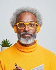 Poster - Vibrant Professional Learning Hub Middle-Aged Man in Bright Knit and Headphones - Remote Skill Development in Modern Home Office Aesthetic for Flexible Career Growth