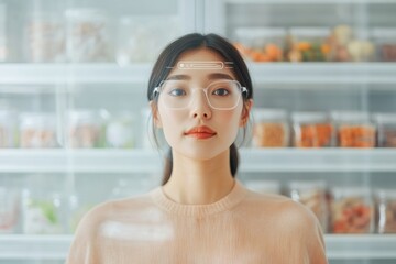 Aufkleber - Minimalist Smart Home Organization Asian Female Utilizing Transparent AR Screen for Kitchen Inventory Control - Advanced Tech Solutions in Modern Storage and Lifestyle Efficiency