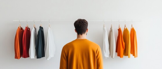 Aufkleber - Minimalist Wardrobe Automation Indian Male, 28, Engages Smart Robotic Storage for Seasonal Clothing in White Walk-In Closet - Advancing Tech Innovation and Residential Efficiency