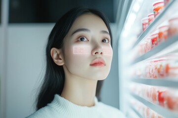 Aufkleber - Tech-Forward Kitchen Organization Asian Female, 30, Utilizing AR Interface for Smart Pantry Cataloging in Minimalist Setting - Inventory Control and Modern Living Solutions