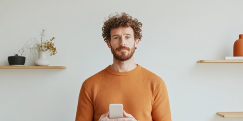 Aufkleber - Minimalist Smart Living Room Design Athletic Caucasian Male Using App for Motorized Storage Solutions - Connected Space Management and Tech-Driven Home Innovation