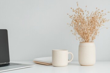 Fototapete - Minimalist Workspace Ceramic Mug and Laptop on White Desk for Modern Tech Entrepreneurs - Enhance Focus and Productivity with Clean Design Aesthetics