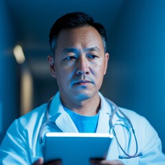 Aufkleber - Tech-Integrated Healthcare Asian Male Doctor Using Tablet in Modern Medical Office with Blue Lighting - Health Technology for Enhanced Patient Care and Data Management
