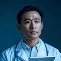 Aufkleber - Futuristic Healthcare Professional Asian Male Doctor, 40s, Engaged with Tablet in Blue-Toned Smart Office - Transforming Medical Technology and Patient Interaction