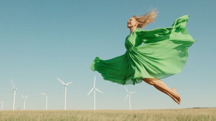 Poster - Eco-Chic Aerial Elegance Athletic Woman in Flowing Green Fabric with Solar and Wind Backdrop - Renewable Energy Imagery for Marketing and Sustainable Branding